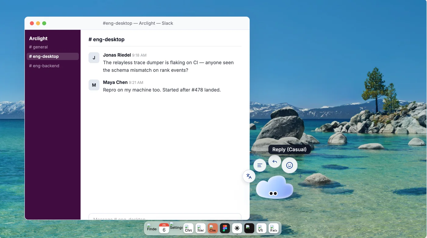 真机上的 hover 动作环:云朵挂件旁弹出 Reply 等动作气泡