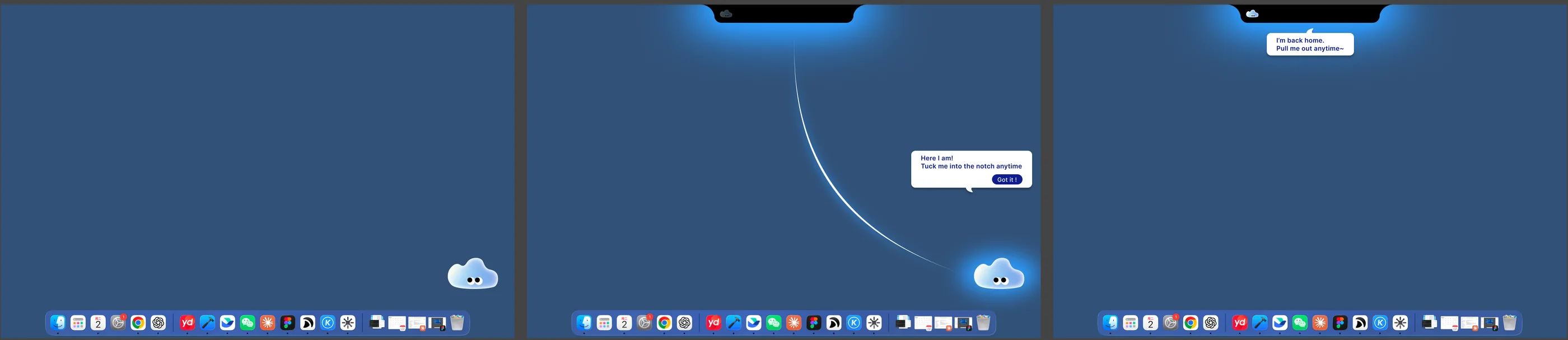 Homing Path 静态设计图三联:桌面上一条发光弧线画向 Notch