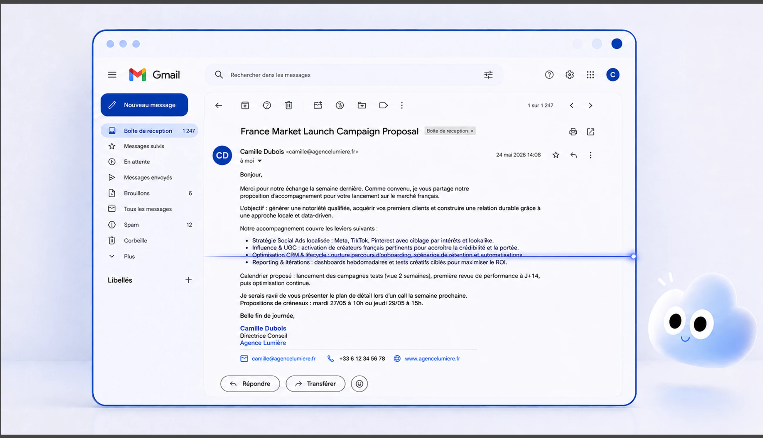 同一镜头的关键帧:Gmail 窗口、快捷键帽与云朵 IP