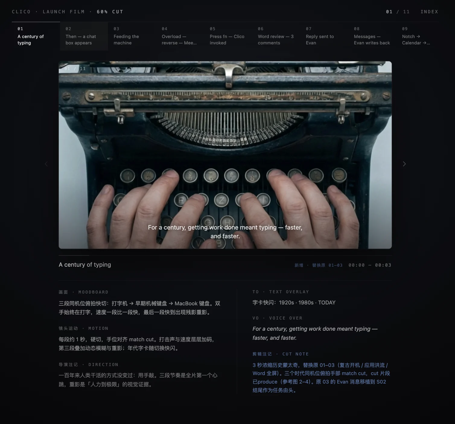 脚本放映室:顶部一排镜序、中央当前镜关键帧、下方每镜六字段的深色网页工具