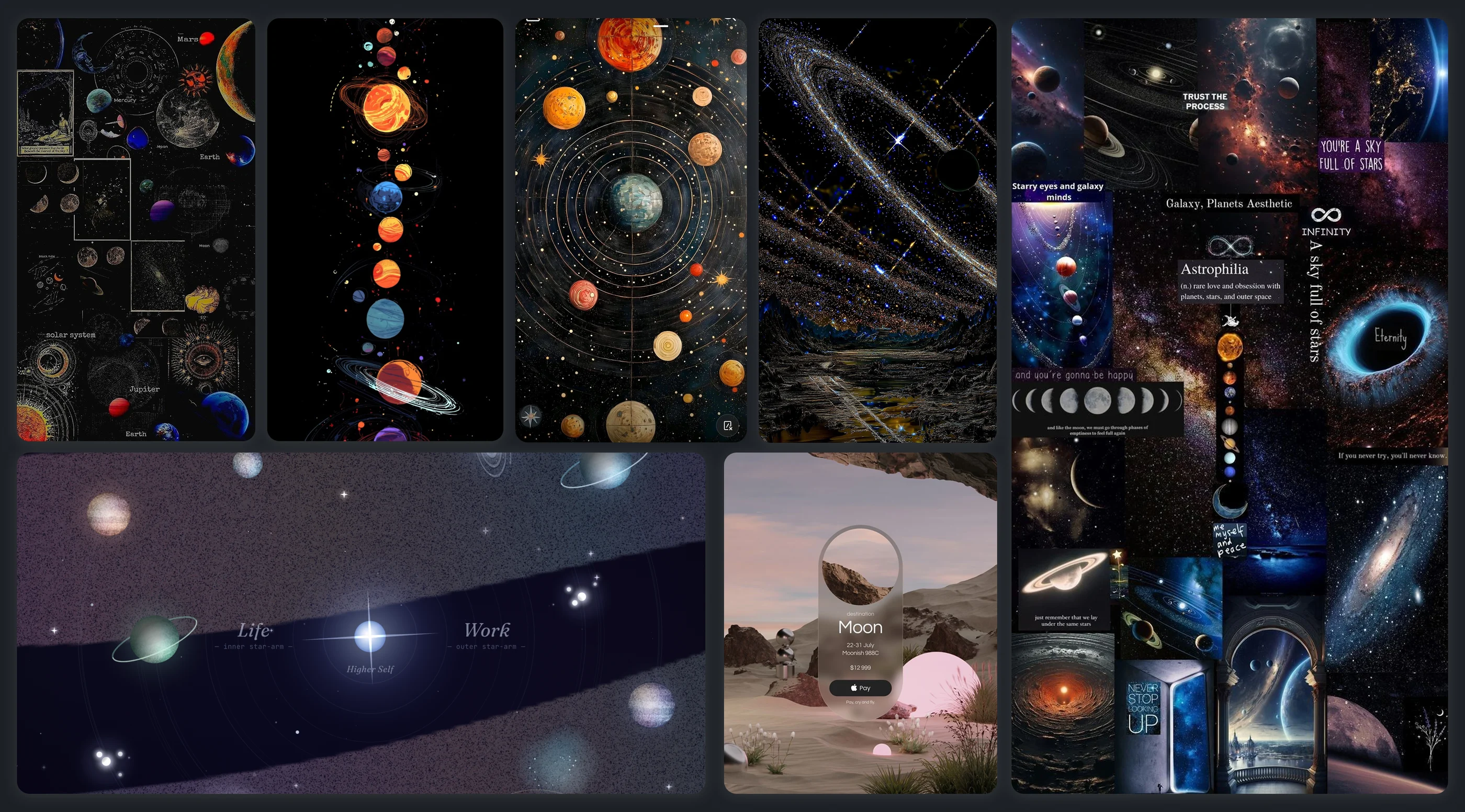 星空情绪板:黑洞、星轨、复古星图与银河摄影等多张宇宙参考图的拼贴