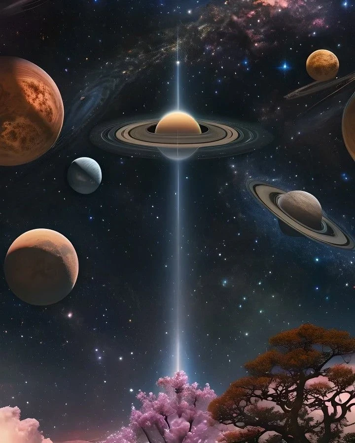 参考图(网络作品):带光环行星与垂直光柱的宇宙艺术图
