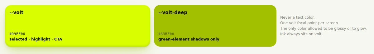volt 用法规范卡：never a text color / one focal point per screen